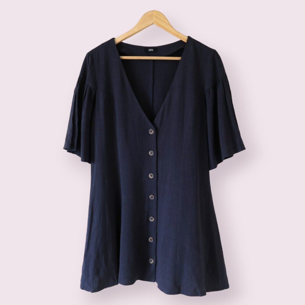 URBAN OUTFITTERS LUCCA Dark Blue Mini Dress Sz M Fluttery Sleeve Buttons